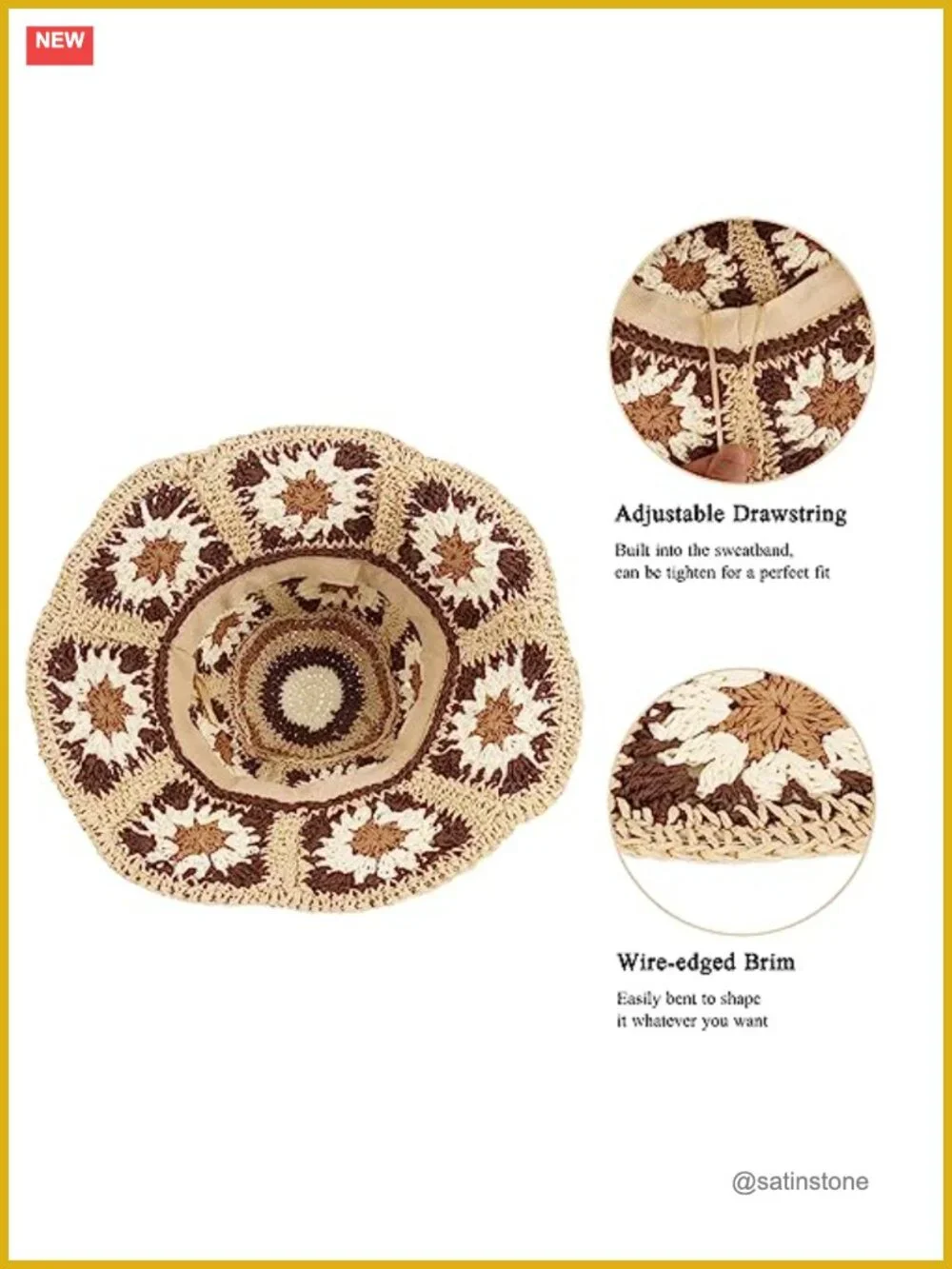 Multicolor Floral Crochet Straw Sun Hat Packable Wide Brim Bucket Hat for Women